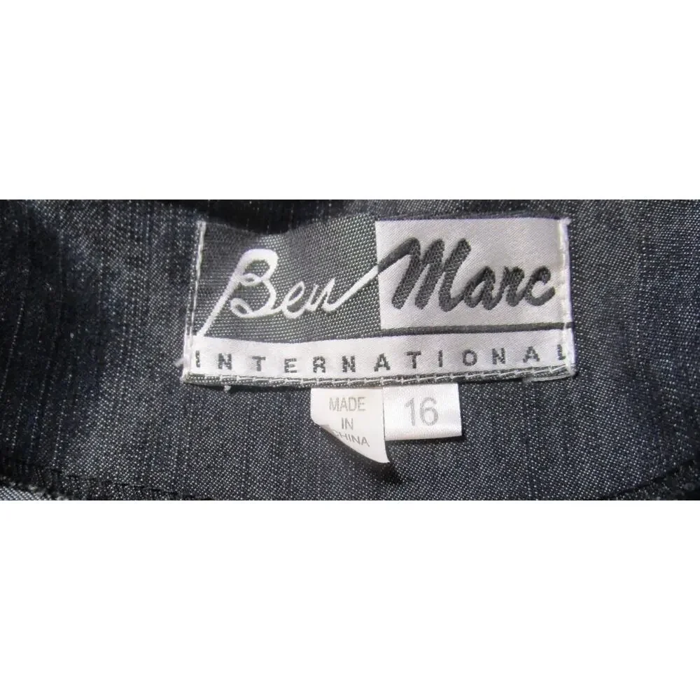 Ben Marc International Vintage Y2K Black Denim Blazer Women's Size 16 White Trim